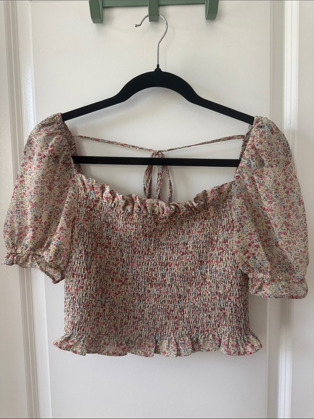 Bohme Smocked Cropped Ditsy Floral Print Top